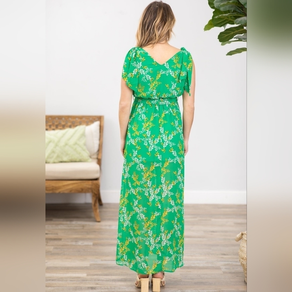 White Birch Green Floral Tie Shoulder Flowy Maxi Dress W/Tie Belt, Size 3X. NWOT - Picture 2 of 5